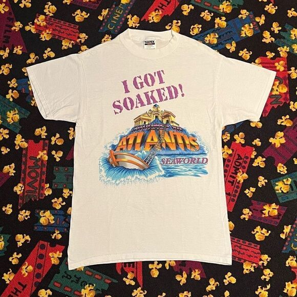 VTG 90s ATLANTIS ‘I Got Soaked!’ White Graphic Tee Shirt / Size M - Picture 1 of 4